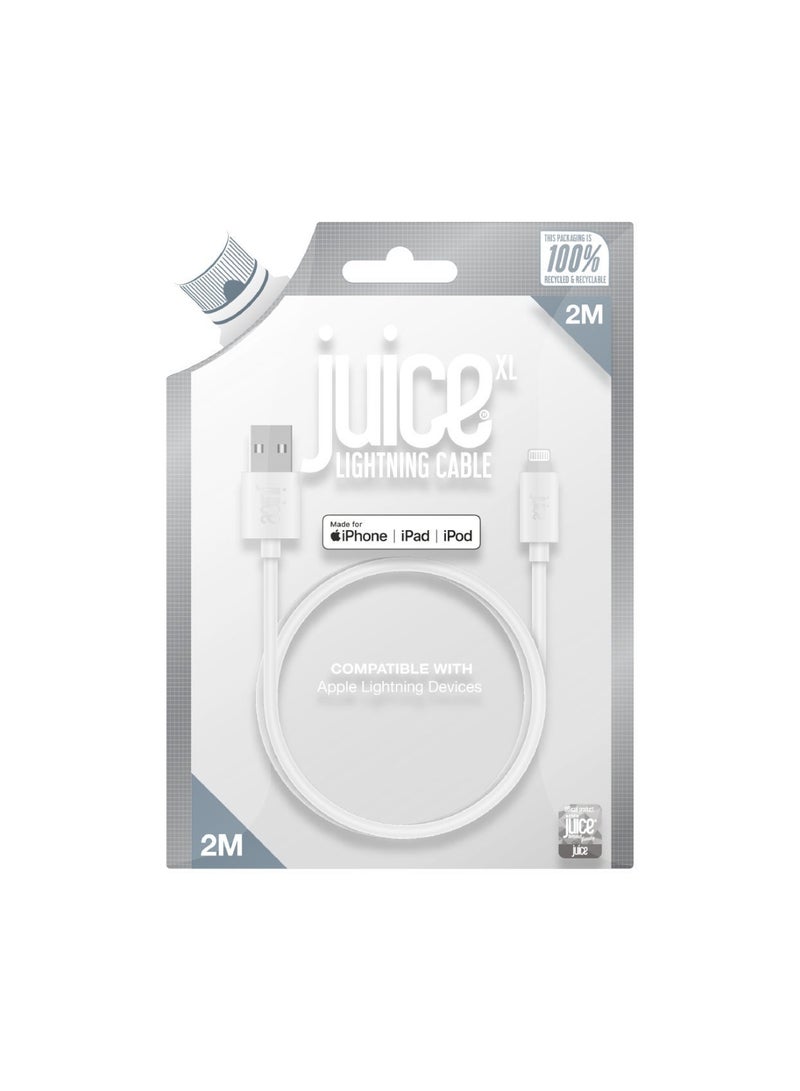 جوس كابل JUICE USB-A إلى Apple Lightning، مصنوع من مادة TPE معاد تدويرها بنسبة 100% ومعزّز للمتانة، يدعم الشحن ونقل البيانات، معتمد من MFI للشحن السريع، متوافق مع أحدث الطرازات: iPhone 17 و16 و15 و14 و13 و12 و11 Pro Max وXR وXS وX و8 وSE، بالإضافة إلى iPad، بطول 2 متر، باللون الأبيض. - Image 5